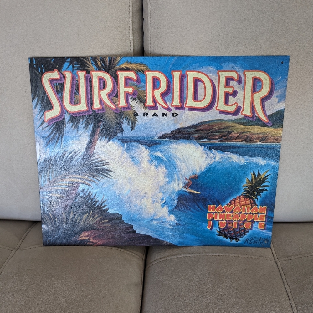 Vintage Tin Wall Hanging Hawaiian Pineapple Juice. SURF RIDER 1999